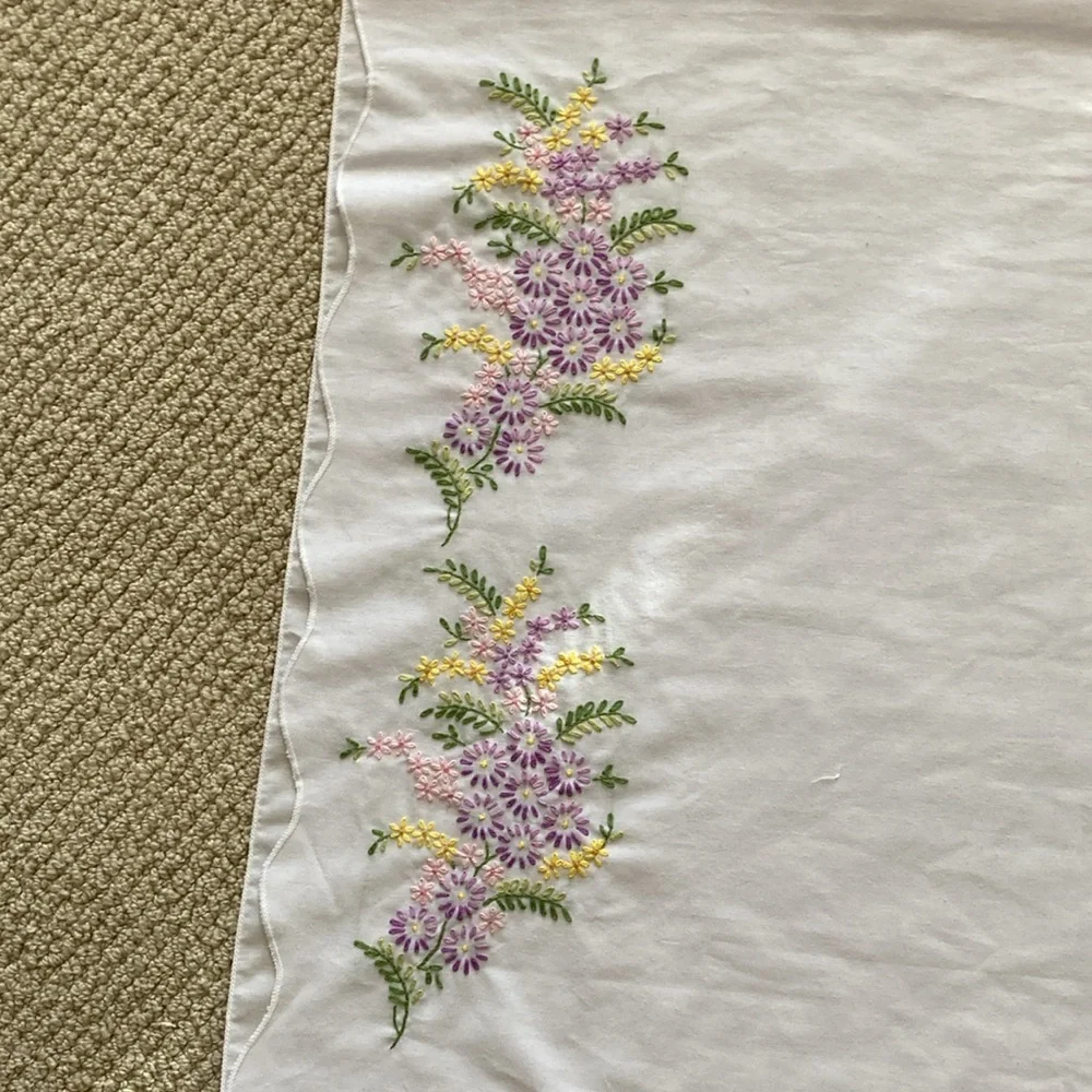 Hand Embroidered White Pillowcase Lavender Flowers Delicate Crafted Colorful EUC